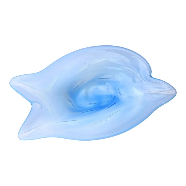 Vintage Murano Opalescent Blue White Large Bubbles Italian Art Glass Mid Century Dolphin Fish Bowl For Sale