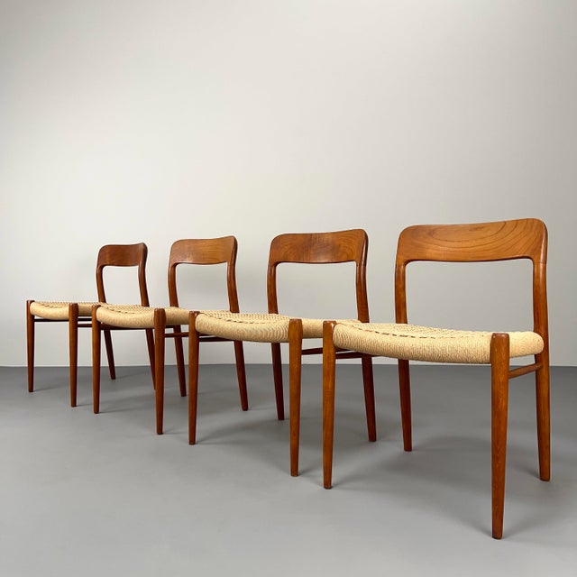 Teak Model 75 Chairs with Paper Cord Weave by Niels Otto Møller for JL Møllers Mobelfabrik, Set of 4 For Sale - Image 4 of 18