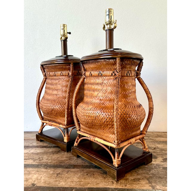 English Vintage Woven Rattan Basket Lamps - A Pair For Sale - Image 3 of 12