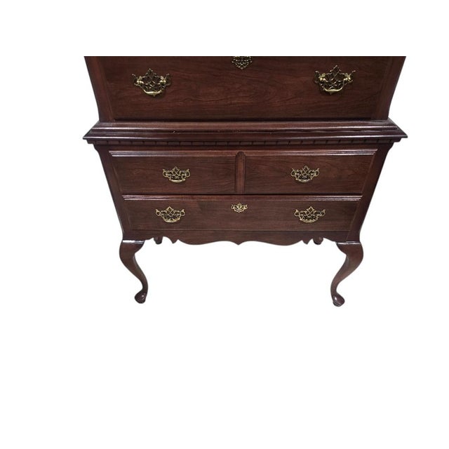 Broyhill Late 20th Century Broyhill Queen Anne Cherry Highboy Chest on Chest Dresser With Bonnet Top For Sale - Image 4 of 7
