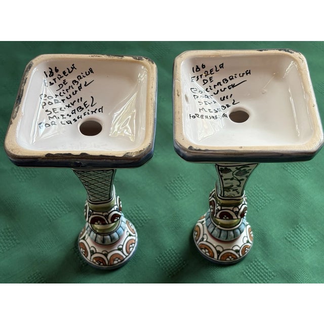 Mid-Century Modern Vintage MCM Floral Hand Painted Portugal Candlesticks -Pair For Sale - Image 3 of 6