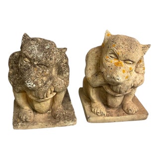 A Pair of Vintage Seated Cast Stone Gargoyle Garden Statues For Sale