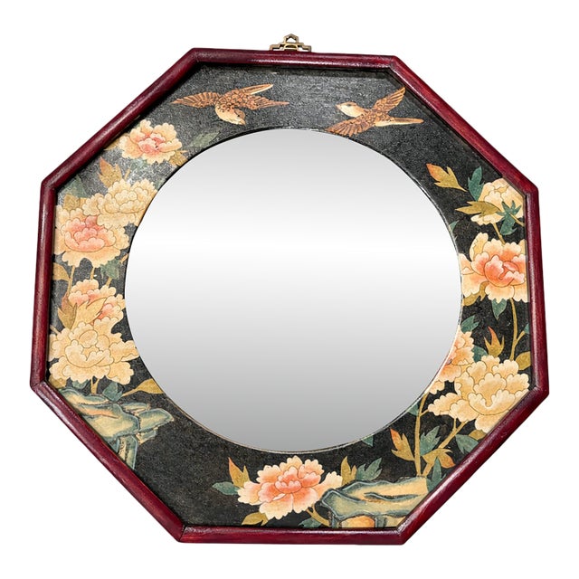 Vintage Chinoiserie-Style Hexagonal Wall Mirror With Hand-Painted Birds, Circa 1960's, 16 Inch Diameter For Sale