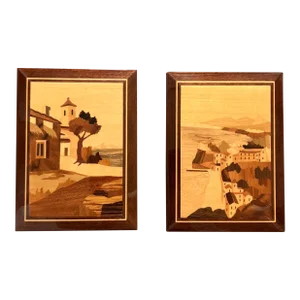 1970s Original Vintage 2 Wood Inlay European Village Scene - Set of 2