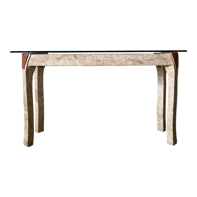 Maitland Smith Tessellated Stone and Glass Top Console Table For Sale