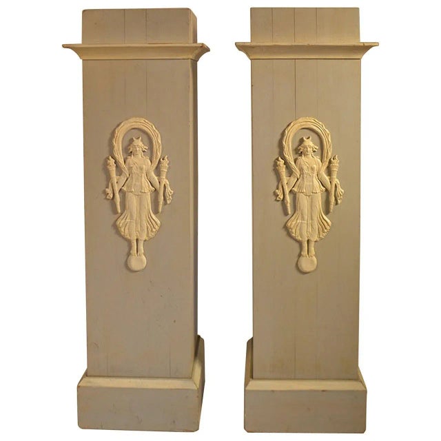 Mid 20th Century Decorative Painted French Pedestals With Carved Indochine Figures - a Pair For Sale - Image 5 of 5