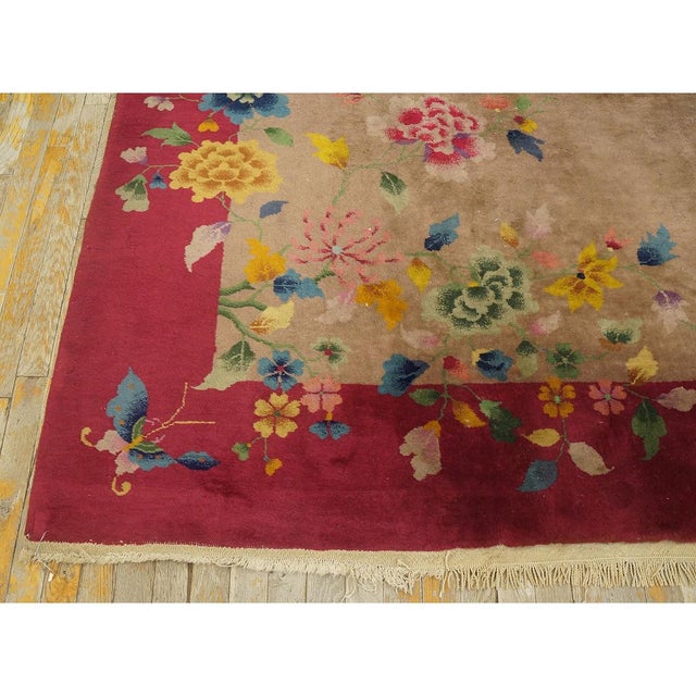 1920s Tan Ecru Floral Shah Abbas Antique Chinese Art Deco Wool Rug 8'8''x 11'6'' For Sale - Image 4 of 10