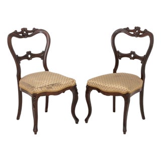 Victorian Silk Upholstered Walnut Side Chairs, 2 For Sale