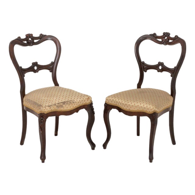 Victorian Silk Upholstered Walnut Side Chairs, 2 For Sale