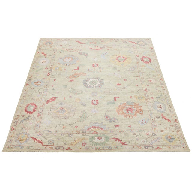 Transitional Hand-Knotted Modern Oushak Style Wool Rug – Muted Pastel Floral Transitional For Sale - Image 3 of 11