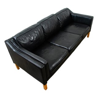 1960s Mid Century Danish Modern Sofa Couch 3 Seater Leather Black Vintage Denmark MCM For Sale