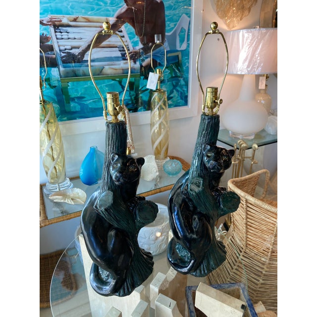 Vintage Pair of Mid-Century Modern Plaster Black Panther Cat Table Lamps For Sale - Image 12 of 13