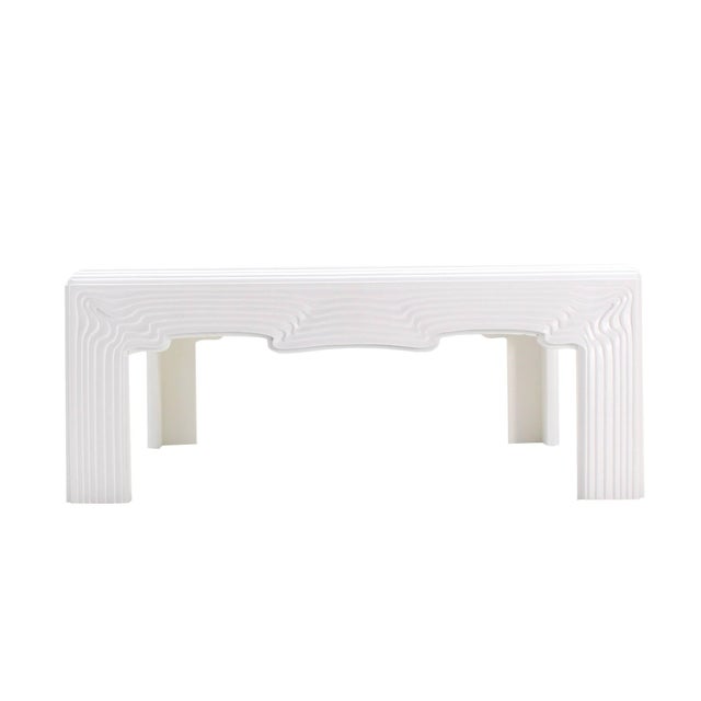 Glass Square Modern "Wave" Pattern Carving White Lacquer Coffee Table For Sale - Image 7 of 10