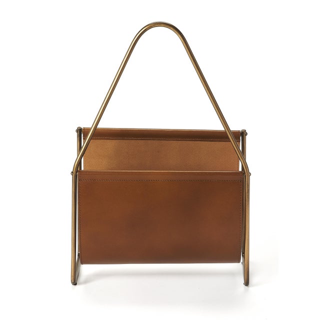 Spritely Home Accent Furniture Rupert Leather Magazine Basket, Medium Brown For Sale - Image 4 of 6