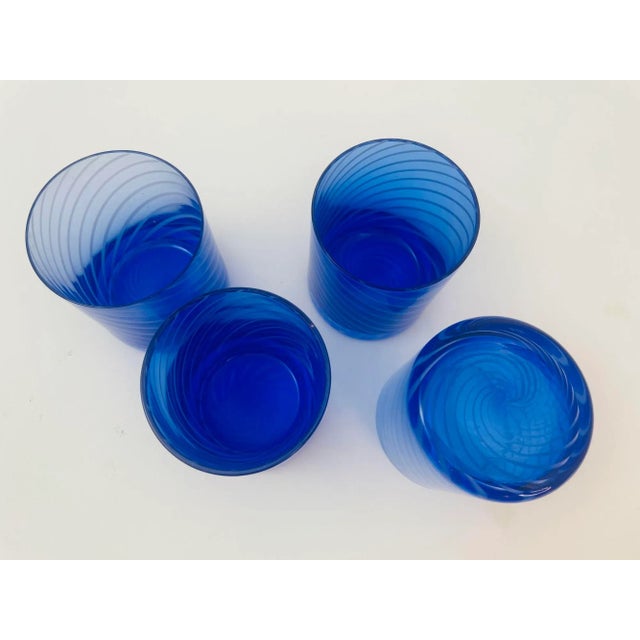 Contemporary Cobalt Blue Drinking Glassware Set of 4 Spiral Lowball Italy 1980s For Sale - Image 3 of 12
