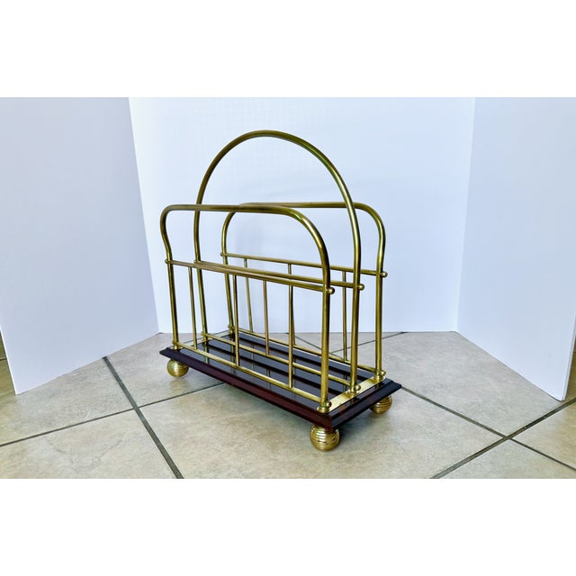 Victorian English Victorian Brass Wood Newspaper Magazine Rack For Sale - Image 3 of 18