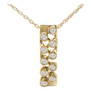 14K Yellow Gold Bezel Set 1/7 Cttw Diamond Vertical Bar Pendant Necklace For Sale