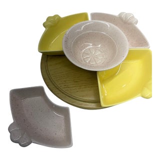 Vintage Mid-Century Modern Yellow & Speckled Ceramic Lazy Susan Hostess Snack Set With Wooden Base - 6 pcs For Sale