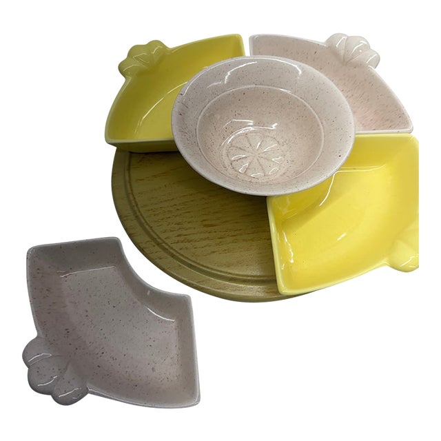 Vintage Mid-Century Modern Yellow & Speckled Ceramic Lazy Susan Hostess Snack Set With Wooden Base - 6 pcs For Sale