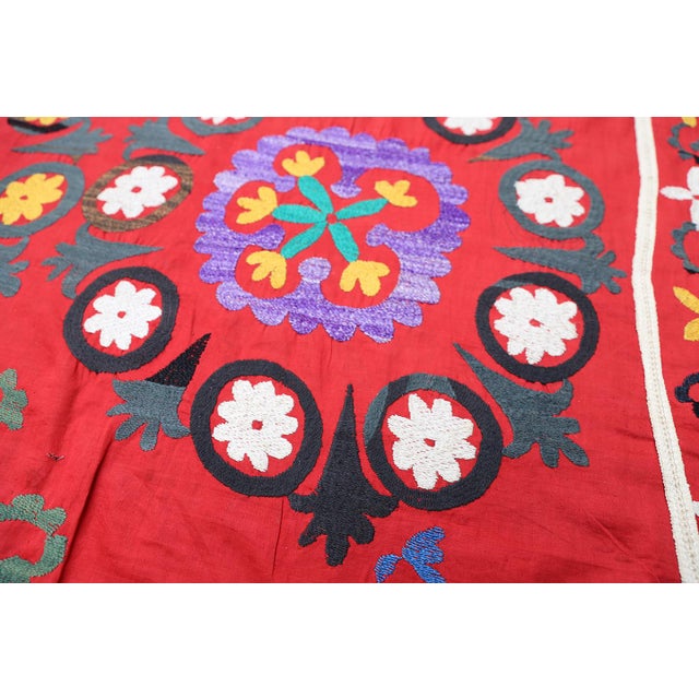 Boho Chic Large Vintage Suzani Embroidered Textile Samarkand Uzbekistan For Sale - Image 3 of 7