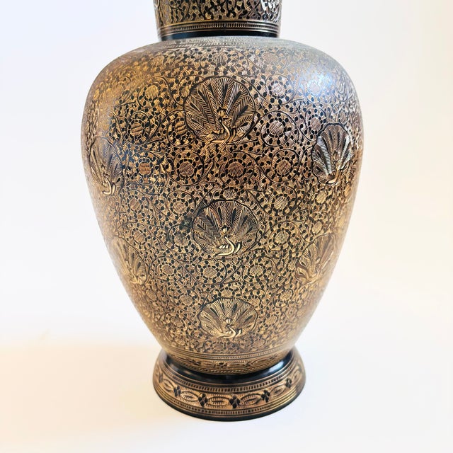 Late 20th Century Large 13" Etched Brass Vase With Peacock Design For Sale - Image 5 of 11