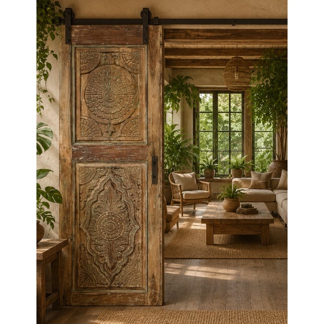 Vintage Indian Lotus Mandala Carved Sliding Barn Door, Statement Piece80x28 For Sale - Image 4 of 6