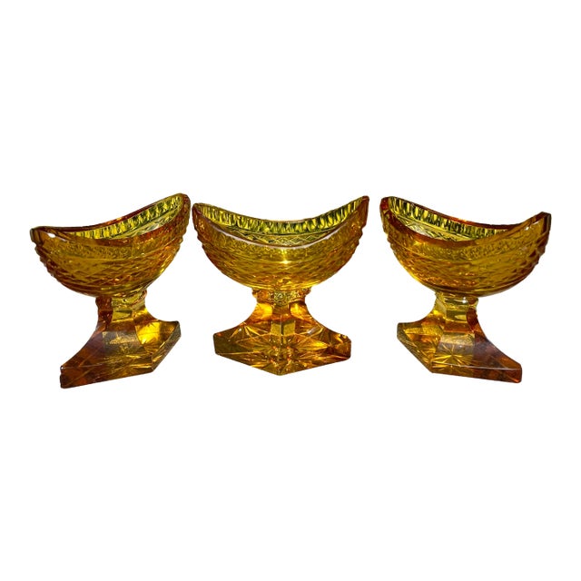 (3) Antique Anglo-Irish Cut Crystal Amber Glass Salt Cellars For Sale