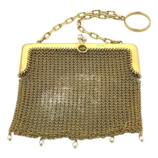 Victorian 9k Yellow Gold & Pearls Mesh Purse Bag Circa 1800s For Sale