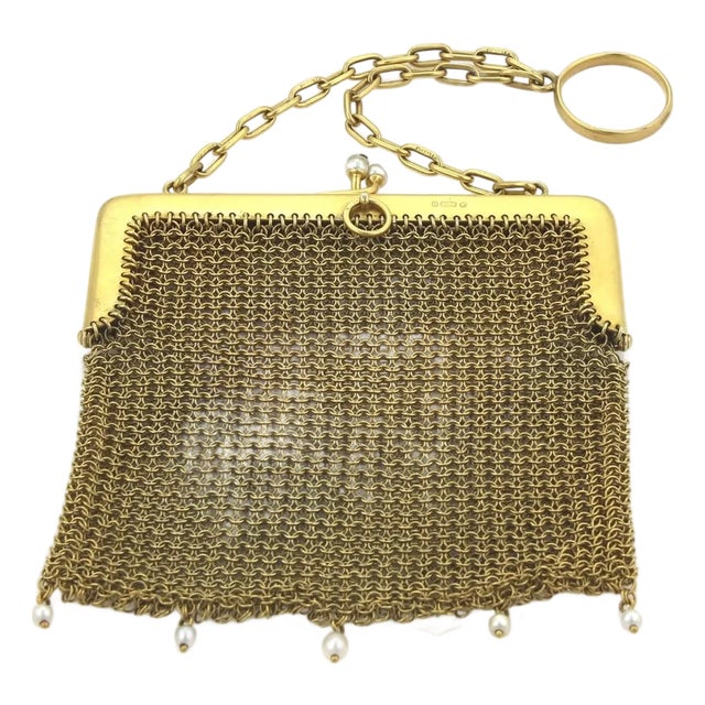 Victorian 9k Yellow Gold & Pearls Mesh Purse Bag Circa 1800s For Sale