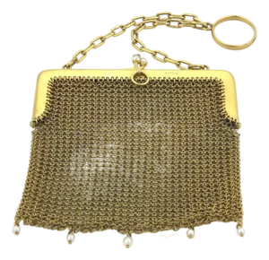 Victorian 9k Yellow Gold & Pearls Mesh Purse Bag Circa 1800s