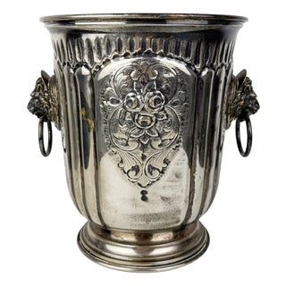 Antique Silver Plated Champagne Bucket with Lion Head Handles, 1920s For Sale