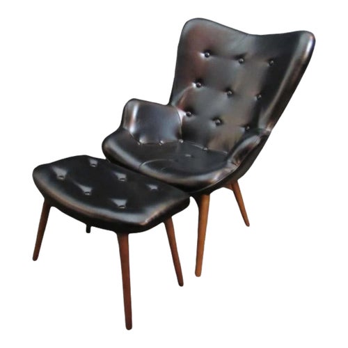 Mid 20th Century Tufted Wingback Clam Chair Ottoman