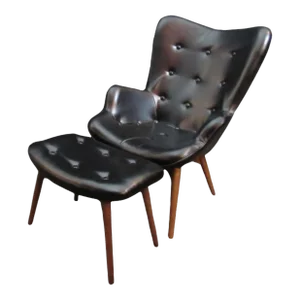 Mid 20th Century Tufted Wingback "Clam" Chair & Ottoman