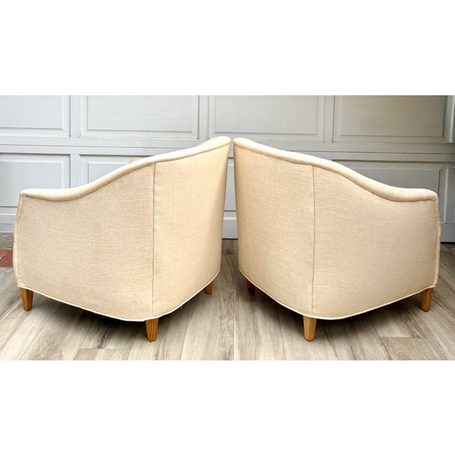Pair of Vintage Curved Barrel Chairs in Pale Apricot Linen Blend For Sale - Image 11 of 16