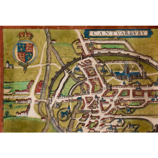 Green Canterbury; A 16th Century Framed Hand-Colored Map by Braun & Hogenberg, 1588 For Sale - Image 8 of 10