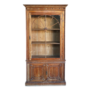 Antique Pine China Cabinet, Arched Fan Glass Door, 2 Piece, Shelves, Greek Key