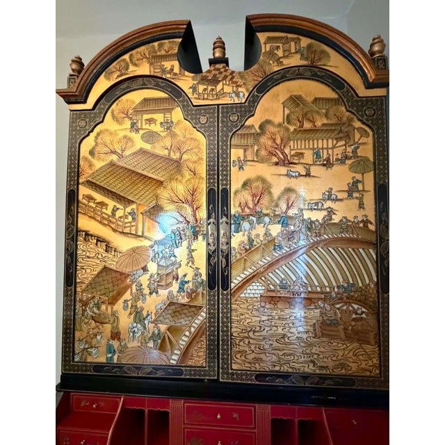 Up for sale is an extraordinary 20th-century vintage Chinoiserie secretary desk featuring full-coverage hand-painted...