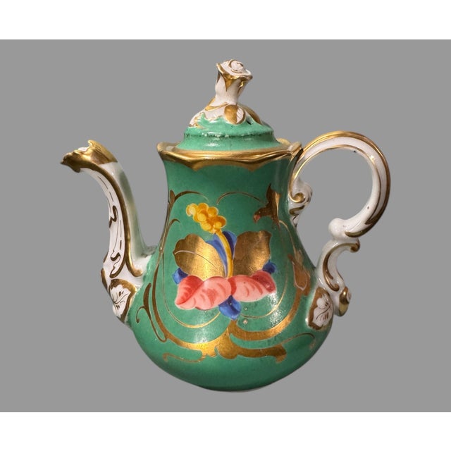Green Antique Old Paris Porcelain Floral Hand Painted Gilt Decorated Miniature Teapot For Sale - Image 8 of 8