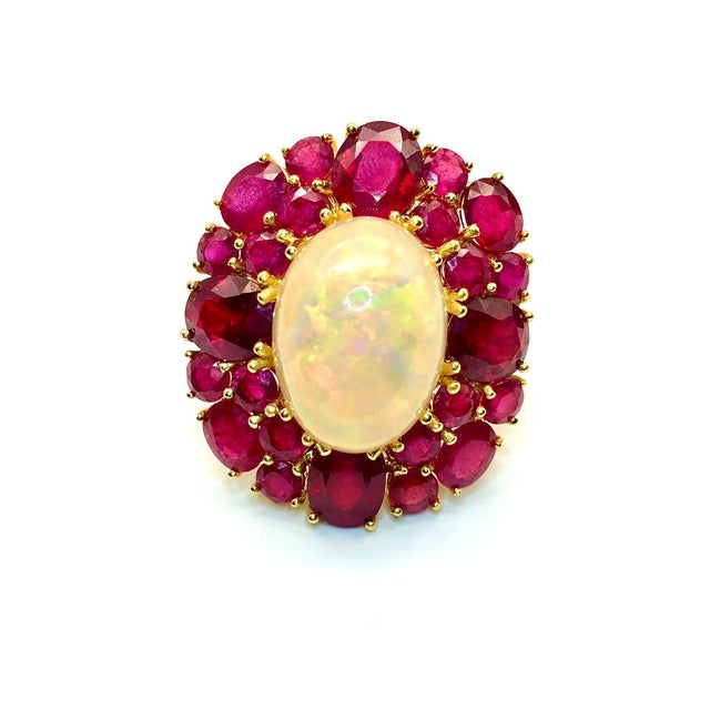 Gemstone Bochic “Capri” Vintage Ruby & Fire Opal Cluster Ring Set In 18K Gold & Silver For Sale - Image 7 of 13