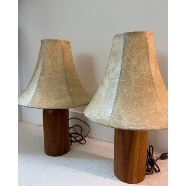 1950s Pair of Mid Century Turned Teak Lamps With Original Shades For Sale - Image 4 of 8