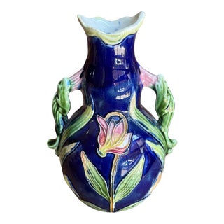Antique French Majolica Vase- Cyclamen Flower Motif For Sale