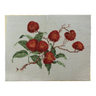 Vintage Needlework Botanical Study – Rustic Lychee Fruit Branch Textile Wall Art For Sale