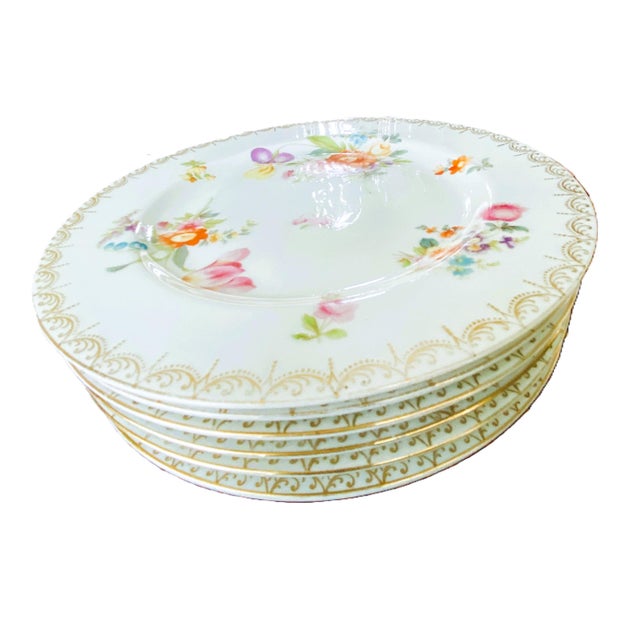 Early 1900s Rosenthal Selb Bavaria for Ovington Bros Set of 6 Hand-Painted Floral Gold Rim Plates For Sale - Image 9 of 16