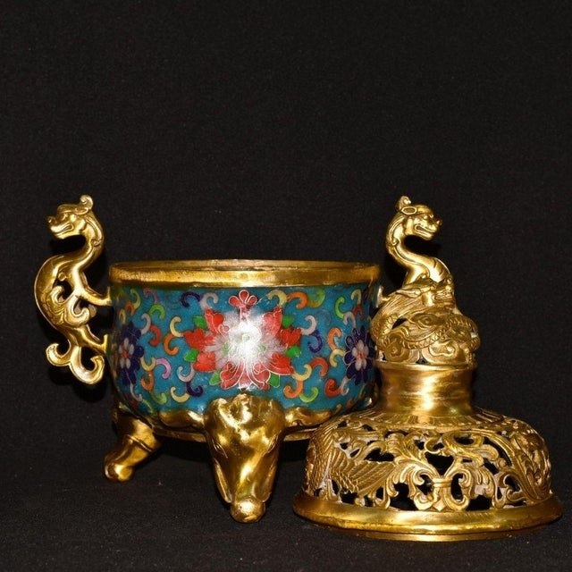 Turquoise Vintage Cloisonne Enamel Incense Burner – 9.8" Gilt Dragon Censer With Pierced Lid For Sale - Image 8 of 9