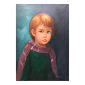 Erbert Mule, 1970s Big Eyed Waif Sad Child With Scarf Oil Painting