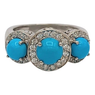 Turquoise Cabochon and White Diamond Three Stone Ring in Platinum, size 5.75 For Sale