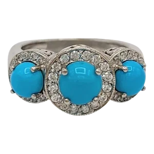 Turquoise Cabochon and White Diamond Three Stone Ring in Platinum, size 5.75