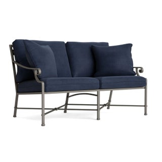 Brown Jordan Venetian Loveseat, Mica frame with Fusion Neptune fabric For Sale