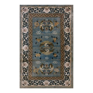 1980s Blue Traditional Crane Floral Vintage Chinese Silk Carpet 3' X 5' Knotted Rug For Sale