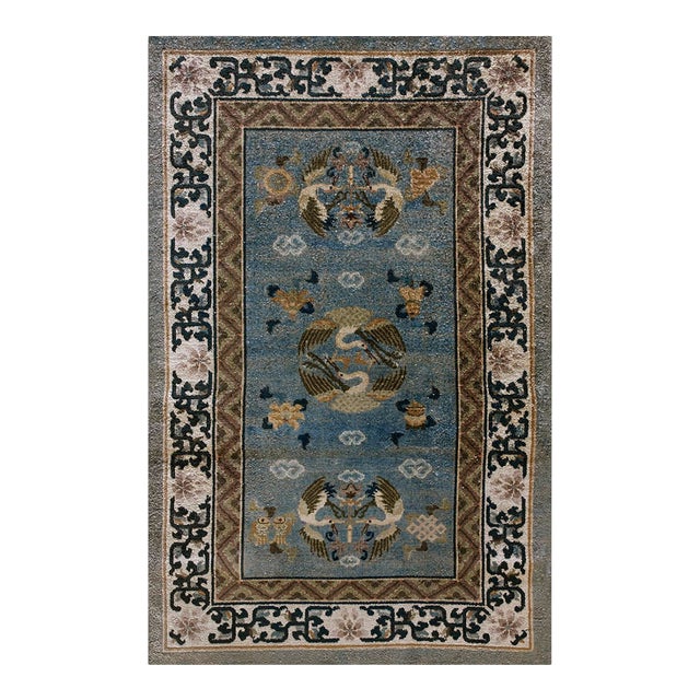 1980s Blue Traditional Crane Floral Vintage Chinese Silk Carpet 3' X 5' Knotted Rug For Sale